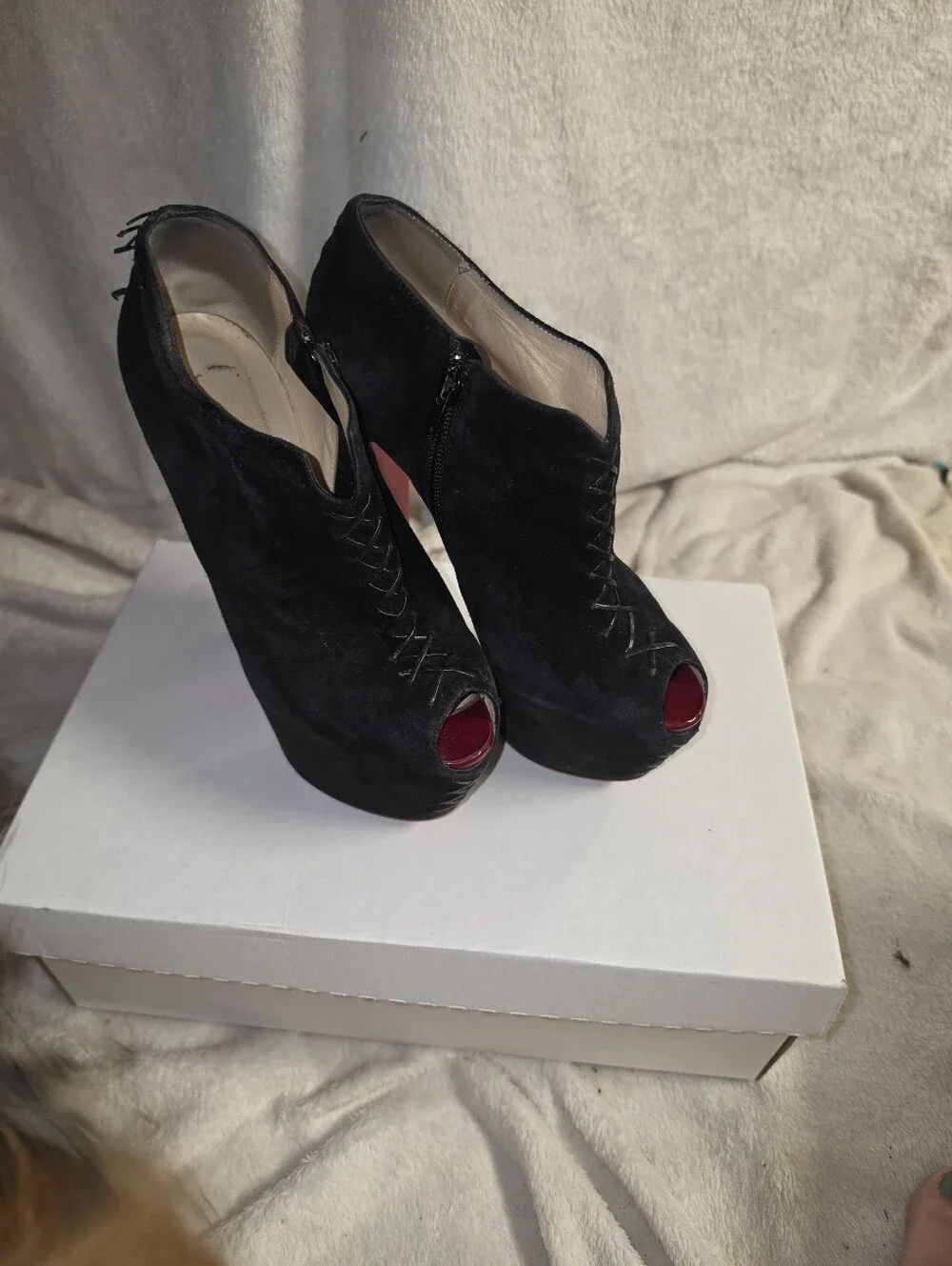 Christian Louboutin Recouzetta 160 Peep Black Suede Ankle Boots - Size 38